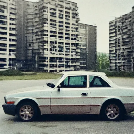 Image similar to low angle shot of russian car in soviet yard with block of flats, low grain film,polaroid, masterpiece, blur, mid day in style of william egglestone