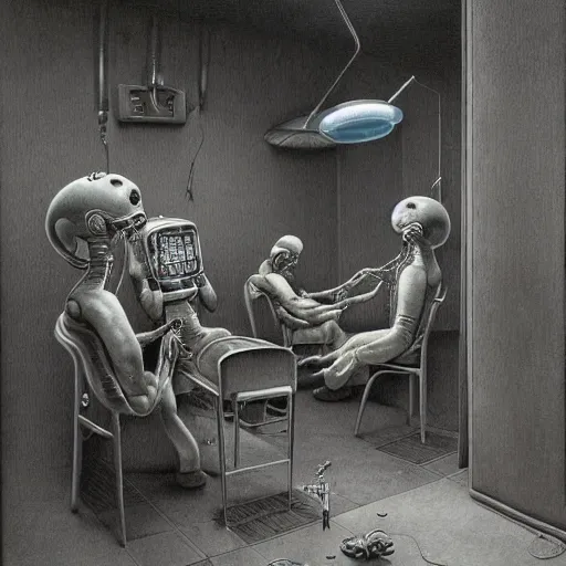 Prompt: a hyperrealistic painting of an alien surgery, robotic doctors, by john kenn mortensen and zdzislaw beksinski, highly detailed, vivid color,