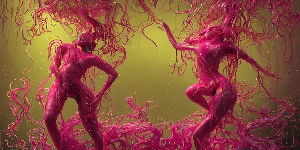 Image similar to nicki minaj, epic image of a glossy wet levitating floating fungus spirit with arms outstretched, made from colorful wet fungus tendrils. illustration by james jean, by ivan bilibin. uhd, amazing depth, glowing, golden ratio, 3 d octane cycle unreal engine 5, volumetric lighting, cinematic lighting, cgstation artstation concept art