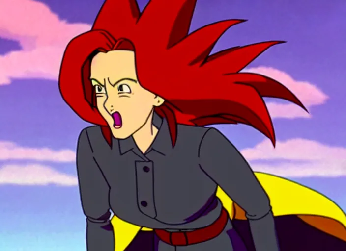 Image similar to an animation still of dana scully going super saiyan, in the style of studio ghibli, netflix animation, toei animation, filmation animation, traditional animation, sharp detail, animation cel