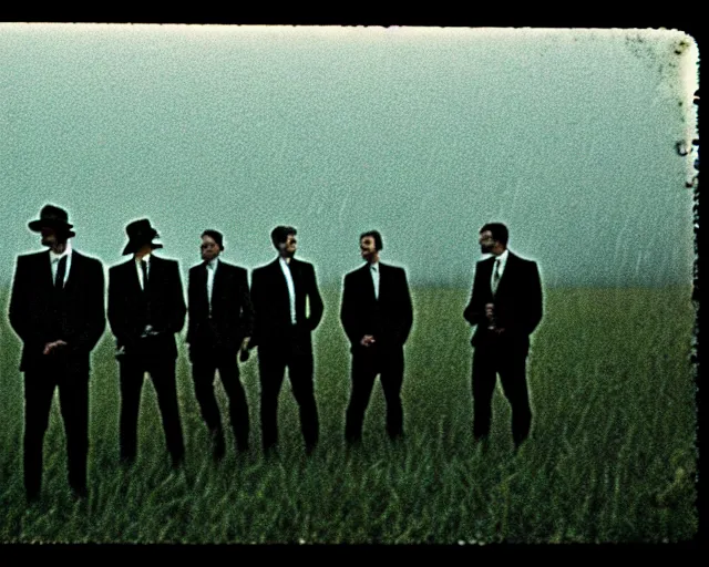 Image similar to 8 mm film, blurry, grainy, liminal, unsettling, group of tall men in suits in a field, thunderstorm, dark night