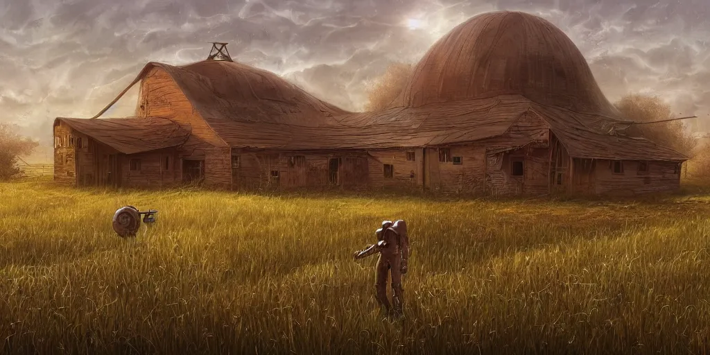 Prompt: a single colossal rusty old robot sad and alone in an empty field in the countryside with a barn on a bright sunny day by mike allred and moebius and karol bak sharp digital painting. dreaming latent space. matte painting, concept art. artstation. digital render. realistic, 8 k