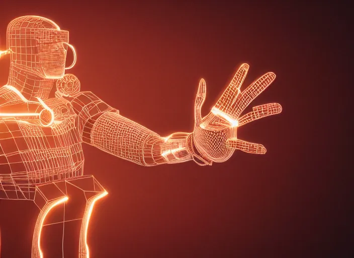 Image similar to a 3D render of a metallic hand made of shiny metal, cyborg cyberpunk with lights and electricity and wires, bokeh, Canon 50mm, cinematic lighting, volumetric light, octane, octane render, redshift render