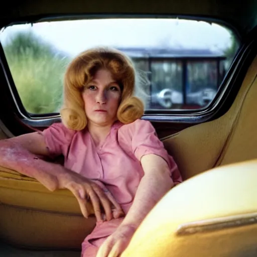 Image similar to a woman laying in the back seat of a car in 1 9 7 4 color