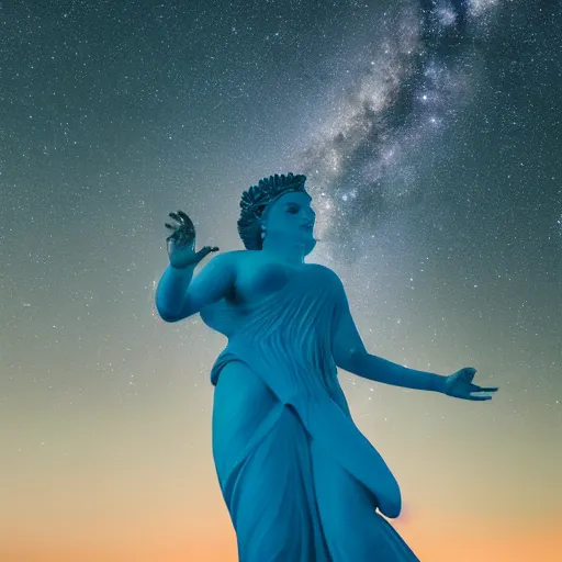 Image similar to a giant beautiful glowing blue goddess in the night sky