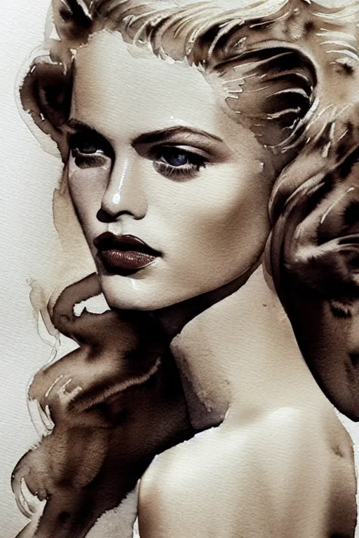 Prompt: stunning award - winning portrait by peter lindbergh of a beautiful young blonde woman. vintage hollywood glamour. long shiny wavy hair. movie star makeup. vogue. highly detailed realistic watercolor painting on canvas. brush strokes.