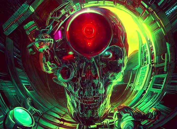 Image similar to a futuristic skull with glowing eyes and a wormhole tunnel cyberpunk art by android jones, cyberpunk art by beeple!!!!, featured on artstation, darksynth, synthwave