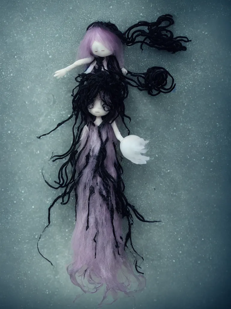 Prompt: cute fumo plush doll of an otherworldly translucent jellyfish goth maiden girl floating in the deep sea, mysterious tattered black tendrils and dress, wisps of volumetric fog and smoke, vignette, bokeh, vray