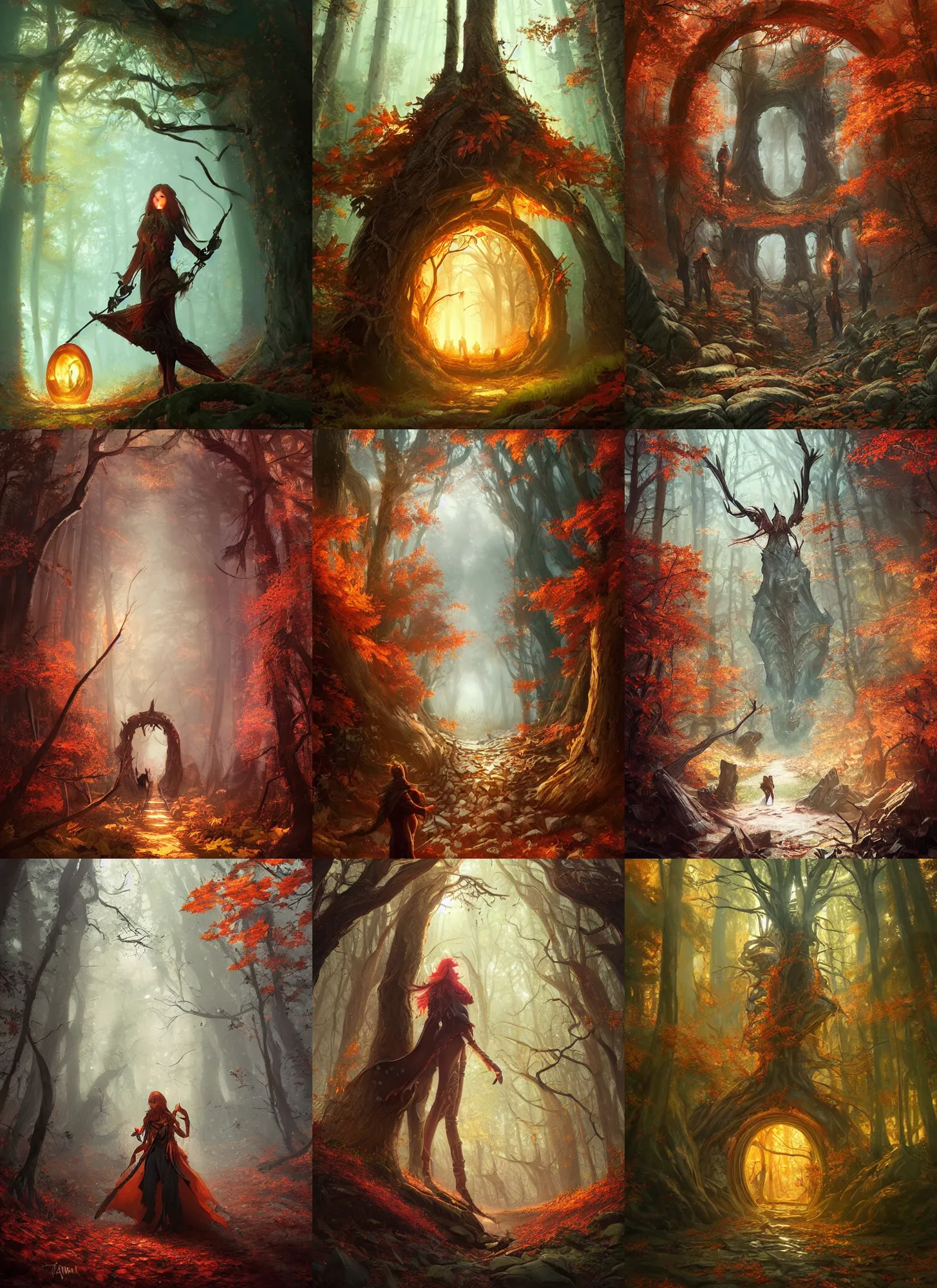 Prompt: autumnal forest magic portal, d & d, fantasy, portrait, highly detailed, digital painting, trending on artstation, concept art, sharp focus, illustration, art by artgerm and greg rutkowski and magali villeneuve