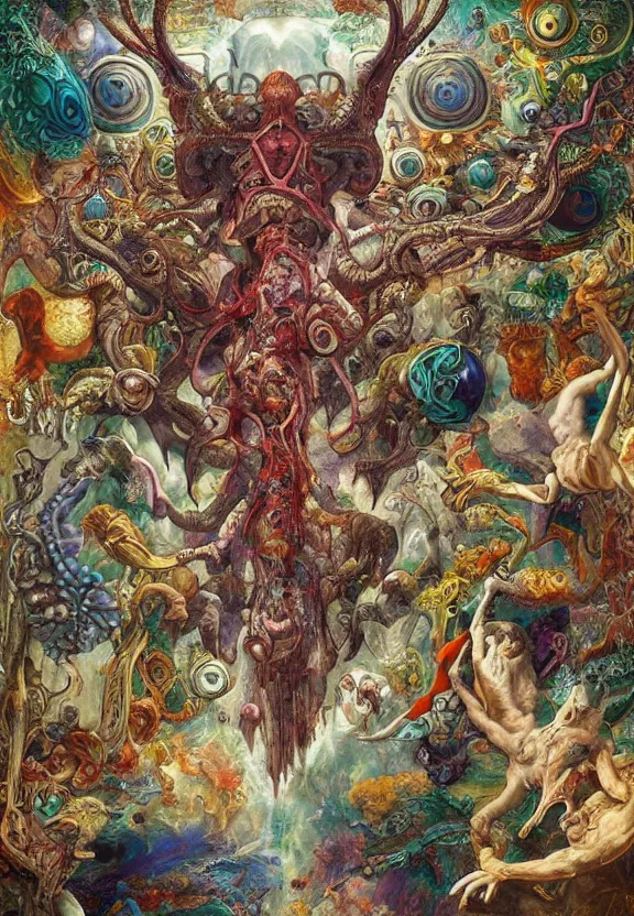 Image similar to simplicity, colorful muscular eldritch animals and bodies radiating town fractal, mandala white bones, colorful gems, by h. r. giger and esao andrews and maria sibylla merian eugene delacroix, gustave dore, thomas moran, pop art, chiaroscuro, biopunk, art nouveau