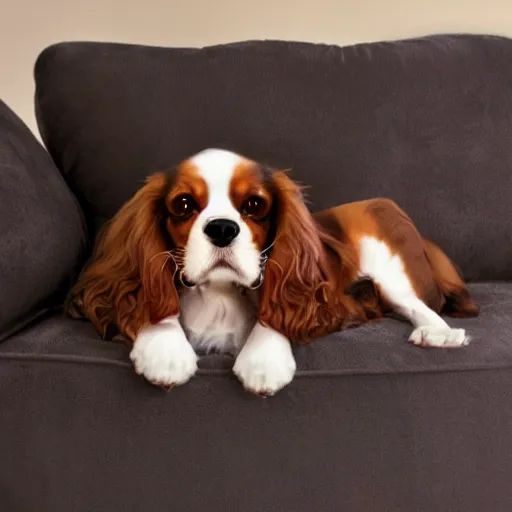 Prompt: a cavalier king charles spaniel who is really bored, tired, lying on a sofa with pillows, oil on canvas, by artgerm and greg rutkowski