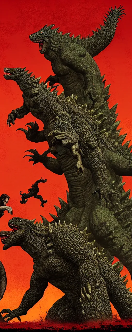 Image similar to adam and eve versus godzilla, red dead redemption illustration art style, smooth painting, each individual seeds have ultra high detailed, 4 k, illustration, torn cosmo magazine style, concept art, pop art style, ultra realistic, underrated, by mike swiderek, jorge lacera, ben lo, tyler west