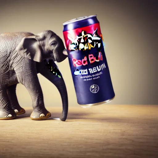 Image similar to product photography, a can of red bull on a table, an elephant is behind drinking the red bull through a straw