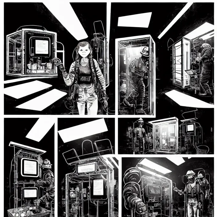 Image similar to sadie sink as a miner inside a minimalist steampunk automated kiosk with food options to choose from. small room. wide angle lens. black and white, pencil and ink. scifi cyberpunk. by gabriel hardman, joe alves, chris bonura. cinematic atmosphere, detailed and intricate, perfect anatomy