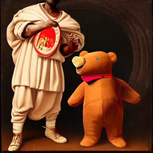 Image similar to A renaissance painting of Kanye West with a anthropomorphic Teddy Bear mascot, portrait, album cover,