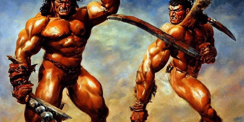 Prompt: an oil painting of a muscular barbarian warrior by frank frazetta