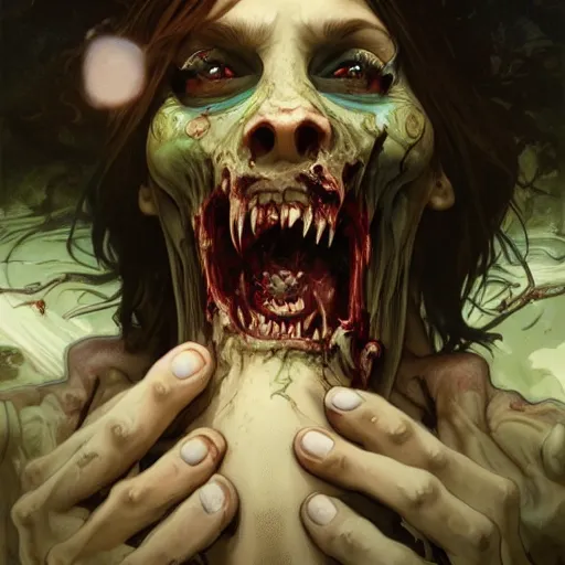 Prompt: horrific zombie man screaming, intricate, art by artgerm and greg rutkowski and alphonse mucha and william - adolphe bouguereau, high detailed, 4 k,