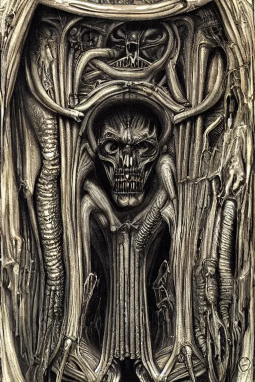 Prompt: the great door of hell, intrincate details, flesh and blood, painted by h. r. giger