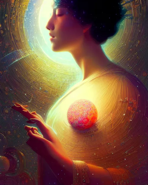 Prompt: harmony of the spheres, fractal crystal, beauty portrait by wlop, james jean, victo ngai, beautifully lit, muted colors, highly detailed, fantasy art by craig mullins, thomas kinkade