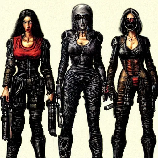 Image similar to portrait of three cyberpunk female outlaws, by gerald brom