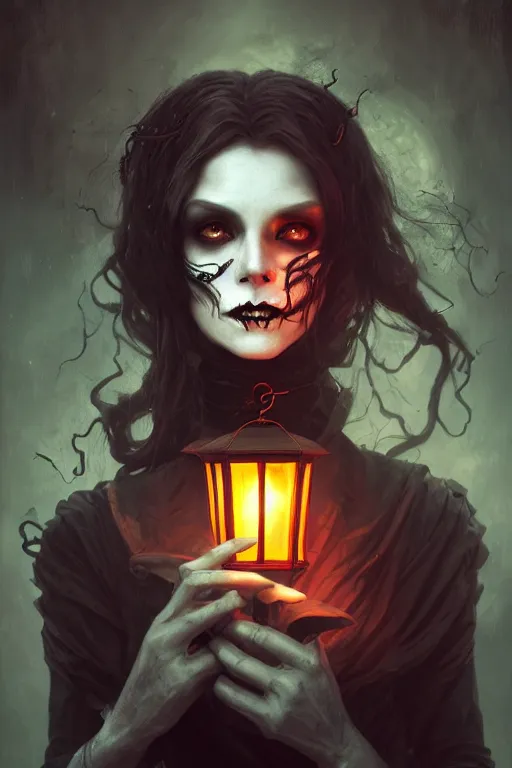 Image similar to portrait of a ghoulish victorian witch dark cheekbones holding a lantern, halloween night, charlie bowater, artgerm, ilya kuvshinov, krenz cushart, ruan jia, realism, ultra detailed, 8 k resolution