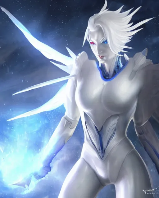 Image similar to perfect white haired alien being with huge white dove wings, warframe armor, beautiful, symmetric, dreamy, half asian, pretty face, blue eyes, detailed, scifi platform, laboratory, experiment, 4 k, ultra realistic, epic lighting, android body, illuminated, cinematic, masterpiece, art by akihito tsukushi, akihiko yoshida, voidstar