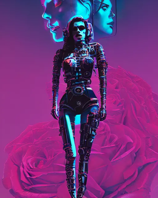 Prompt: portrait of lana del rey as a cyberpunk cyborg. sci - fi intricate abstract upper body intricate artwork, roses, rose petals by tooth wu, wlop, beeple, dan mumford. concept art, octane render, trending on artstation, greg rutkowski, asymmetrical, cinematic arthouse, key art, hyper realism, iridescent accents