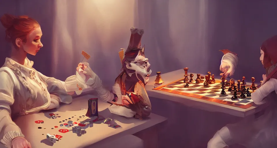 Prompt: in the land of playing cards, chess pieces and dominoes, game pieces come to life, storybook, beautiful, soft lighting, artstation,