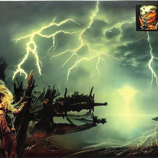 Prompt: ultra realistic portrait painting of a heavy metal album cover with a goth girl and lightning, art by frank frazetta, vintage levi ’ s ad, stormy weather, dark vibes, 4 k, ultra realistic, highly detailed, epic lighting