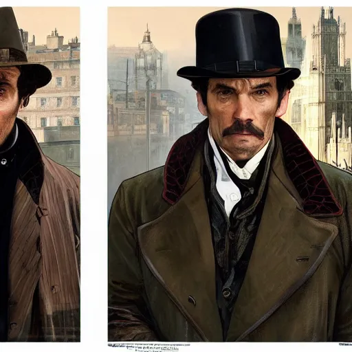 Image similar to [UHD Sherlock Holmes and Watson as GTA characters on the streets of London in 2169, correct faces, intricate, elegant, graphic detail, digital painting, trending on artstation, concept art, tonalism, sharp focus, illustration, art by Miguel Vasquez and Greg Rutkowski and Alphonse Mucha]