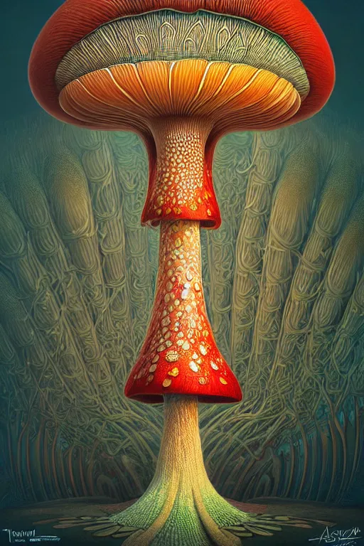 Image similar to anthropomorphic mushroom carnival attractions portrait, Art Deco nature, fantasy, intricate art deco mushroom designs, elegant, highly detailed fractals, sharp focus, fractal big top, art by Artgerm and beeple and Greg Rutkowski and WLOP