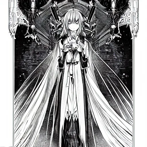 Image similar to precisely drawn illustration of anime cloaked high priestess of a goddess, old-fashioned tarot card, victorian playing card, sepia tone, wide angle, sharp, fine details, anime, manga, cyberpunk, intense line art, 8k, precise linework, realistic, shaded lighting by katsuhiro otomo ghost-in-the-shell, magali villeneuve, artgerm, rutkowski Jeremy Lipkin and Giuseppe Dangelico Pino and Michael Garmash and Rob Rey