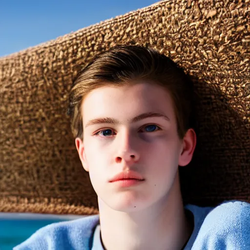 Image similar to beautiful teenage boy, around 22 yo, natural brown hair sitting on a deckchair on the beach facing the camera. Detailed face, blue sky. Award winning photograph.