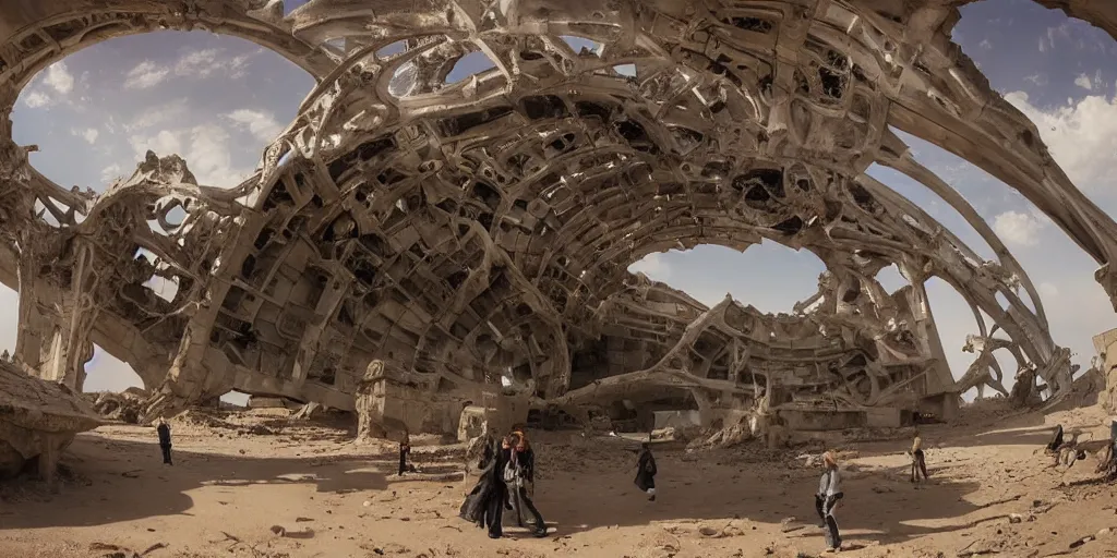 Image similar to supernova, neo brutalism space station ruins in the mars desert, giant whale skeleton, people wandering, sunlit, painted by steve mccurry, ruan jia, raymond swanland, lawrence alma tadema, zdzislaw beksinski, norman rockwell, jack kirby, tom lovell, alex malveda, greg staples