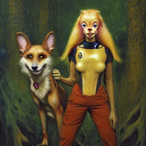 Image similar to a portrait of an alien female dog dogwoman canine in starfleet uniform at night in a dark forest. zootopia fursona furaffinity furry art detailed face painting by gaston bussiere craig mullins jc leyendecker gustav klimt artgerm greg rutkowski furry