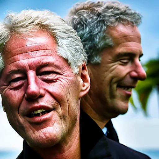 Prompt: bill clinton laughing hysterically while piggyback riding jeffrey epstein on an island, hyper realistic