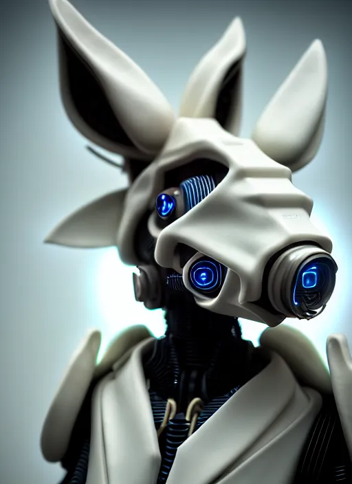 Prompt: hyper detailed ultra sharp portrait of a beautiful fashionable porcelain ivory cyberpunk scifi robo donkey with glowing eyes, up close shot, sharp focus, global illumination, radiant light, black haute couture, alexandre ferra, irakli nadar, octane render, 4 k, ultra hd,