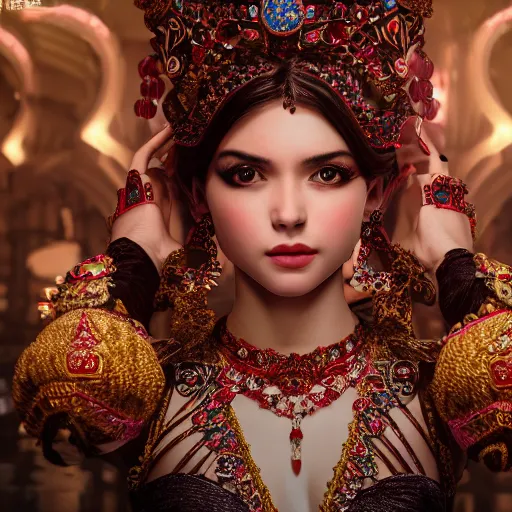 Image similar to photograph of wonderful princess with smooth fair skin, alluring eyes, red jewelry, breathtaking, elegant, ornate, intricate, hyper detailed, accent lighting, dramatic light, 4 k octane render