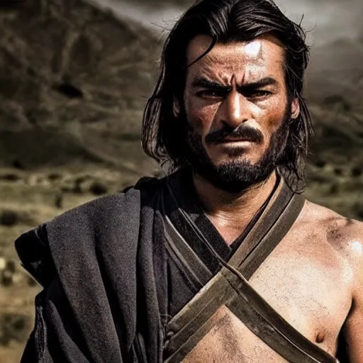 Image similar to handsome and strong kurdish!!!! samurai in a movie directed by christopher nolan, movie still frame, promotional image, imax 7 0 mm footage, perfect symmetrical facial features