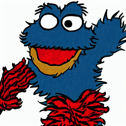 Image similar to an illustration of the cookie monster in the style of walter moers