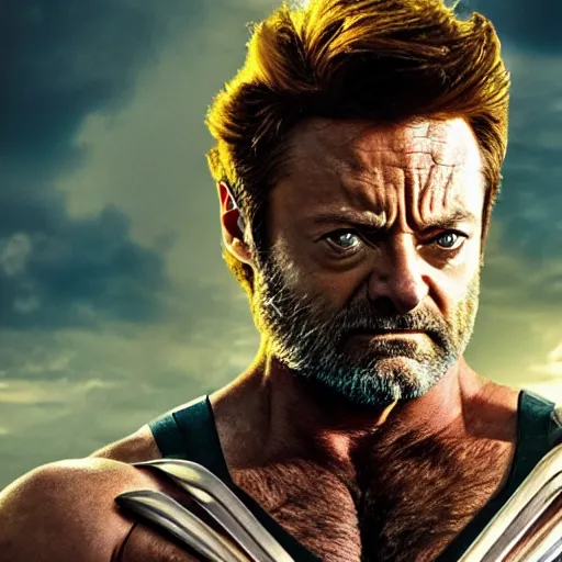 Image similar to wolverine in x - men suit played by nick offerman, logan marvel movie still, detailed 8 k, poster style, high resolution, photorealistic