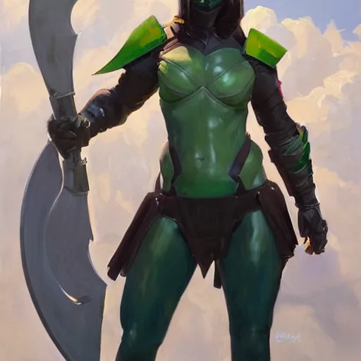 Prompt: greg manchess portrait painting of partially armored jade from mortal kombat wearing a half mask as overwatch character, medium shot, asymmetrical, profile picture, organic painting, sunny day, matte painting, bold shapes, hard edges, street art, trending on artstation, by huang guangjian and gil elvgren and sachin teng