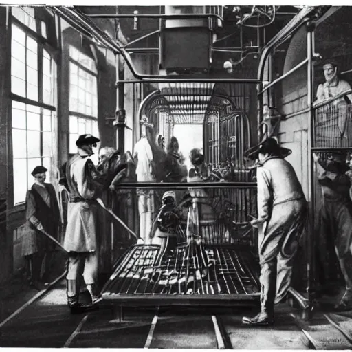 Image similar to scientists surrounding a creature locked in a cage in a warehouse, 1 9 2 0's sci - fi, black and white, 8 k, highly ornate intricate details, extreme detail,