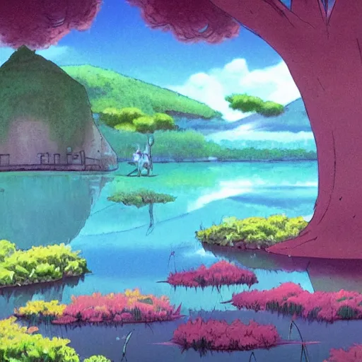 Image similar to a beautiful lake, fantasy art, fresh and bright illustration, animated film, by studio ghibli