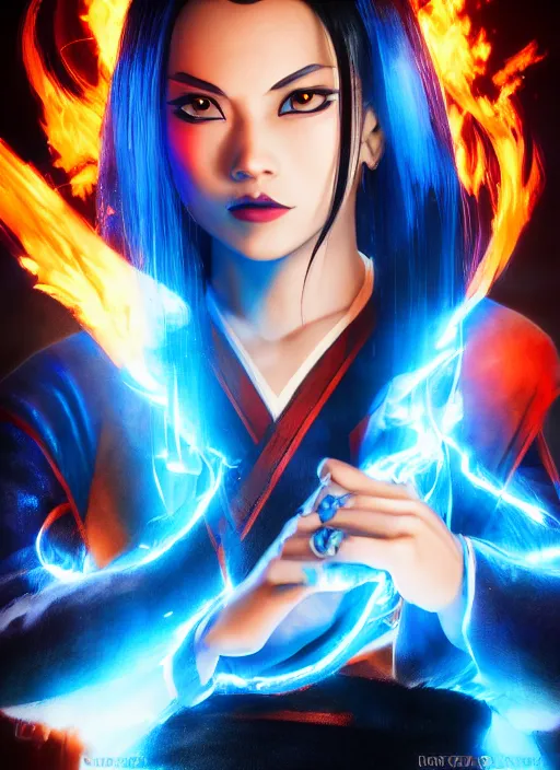 Image similar to azula from avatar the last airbender posing, blue flames, firebending, dark atmosphere, cinematic shot, intricate, ornate, photorealistic, ultra detailed, realistic, 1 0 0 mm, photography, octane, high definition, depth of field, realism, 8 k, artstation