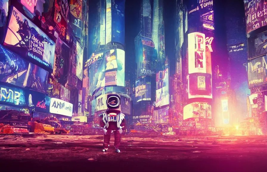 Image similar to A hyperrealistic low angle shot of a tiny astronaut , with a psychedelic mushroom on the screen, in a post apocalyptic Times square New York City, at night, unreal 5, DAZ, hyperrealistic, octane render, dynamic lighting