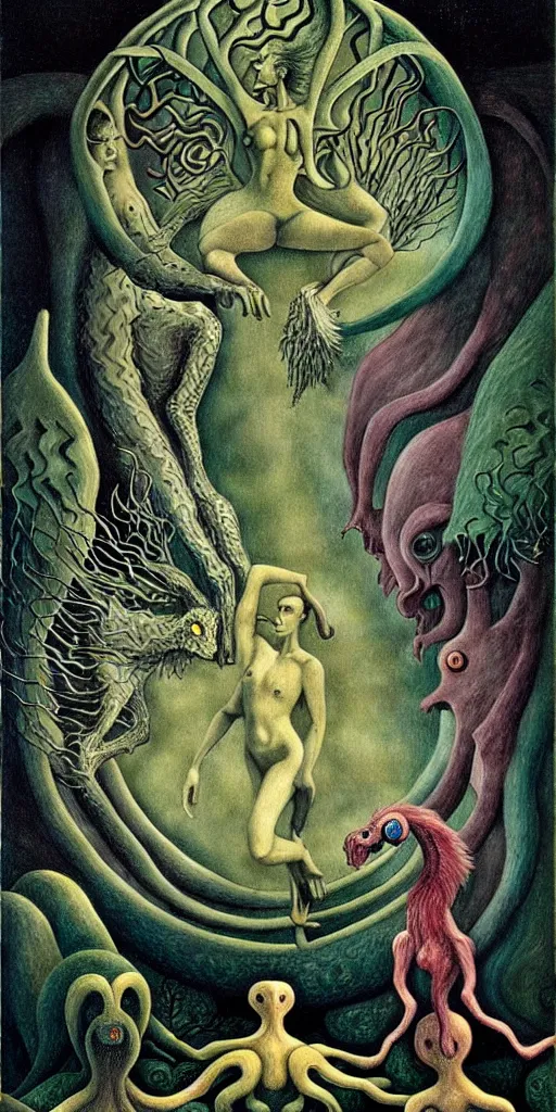 Image similar to mythical creatures and monsters in the imaginal realm of the collective unconscious, in a dark surreal painting by johfra, mc escher and ronny khalil