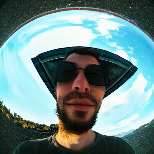 Image similar to Selfie!!!!! of a man, first-person view, fisheye lens!!!!!!, photorealistic image, trending on artstation, 4k, 8k