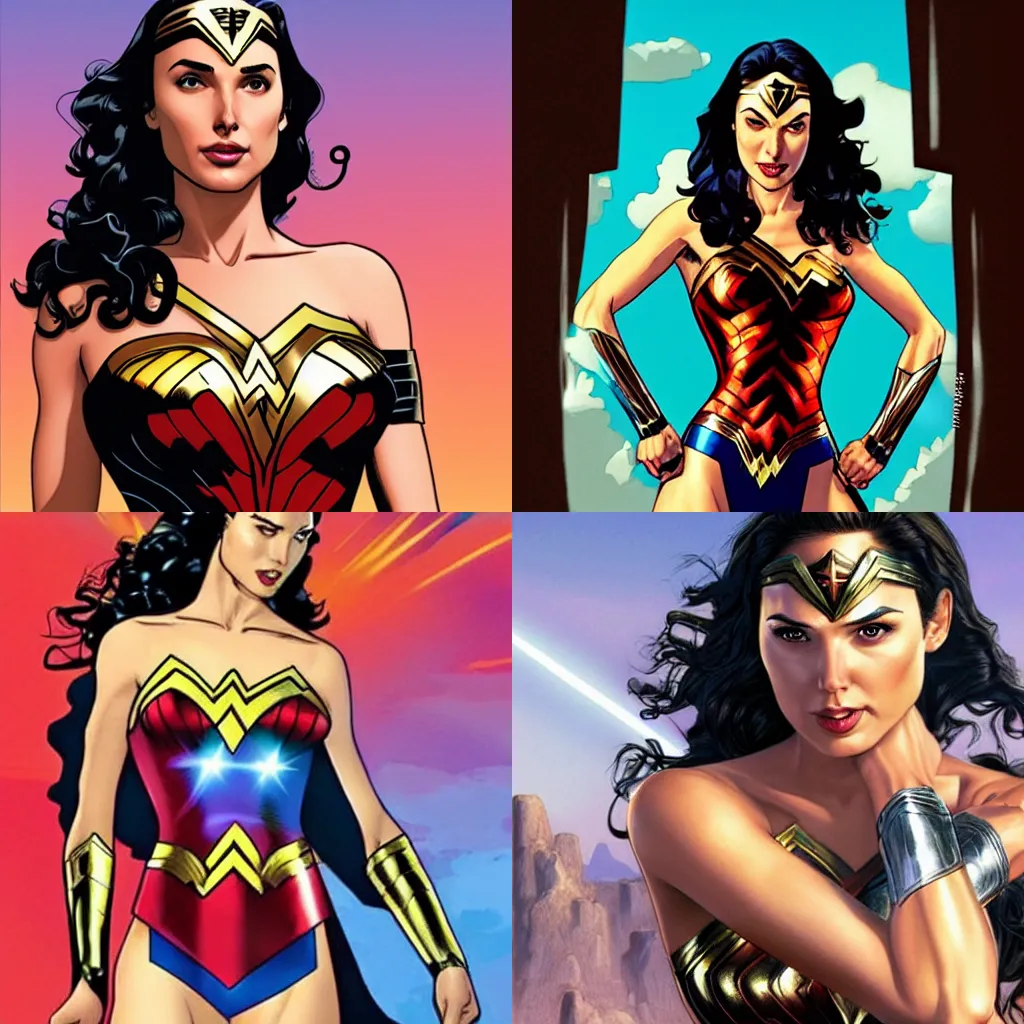 Prompt: Gal Gadot as wonder woman by brian bolland by alex ross by Esad Ribic by Greg Land illustration vector art trending on artstation