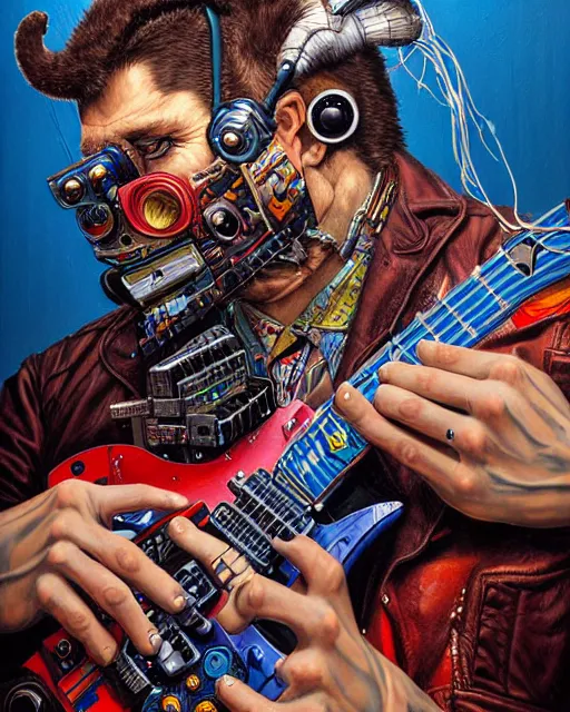 Image similar to a portrait of an anthropomorphic cyberpunk bison shredding an electric guitar by sandra chevrier, by jon foster, detailed render, tape deck, epic composition, cybernetics, 4 k realistic, cryengine, realistic shaded lighting, sharp focus, masterpiece, by enki bilal